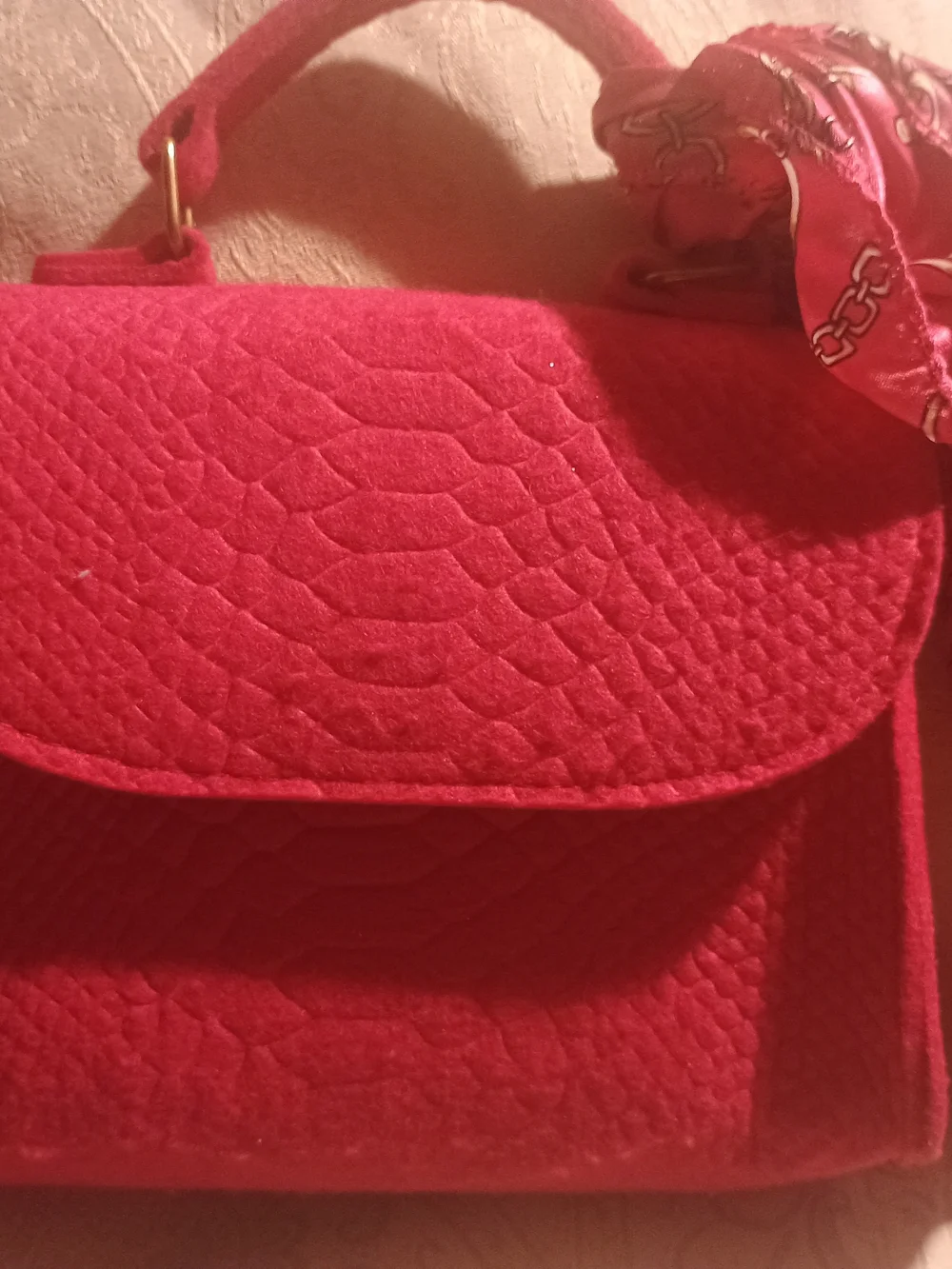 Structured Red Textured Satchel with Scarf Accent